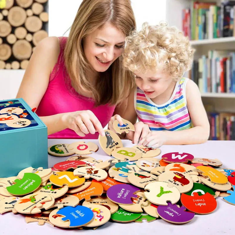 Дети животных алфавит деревянные головоломки образовательные головоломки игрушечные лошадки обучения ребенка буквенная головоломка AN88