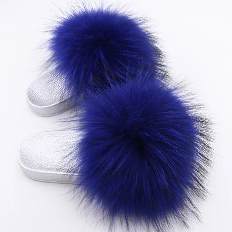 

Hot Sellers New Women Fur Slippers Luxury Real raccoon Fur Beach Sandal Shoes silvery shoe sole Slippers Fluffy Comfy Furry