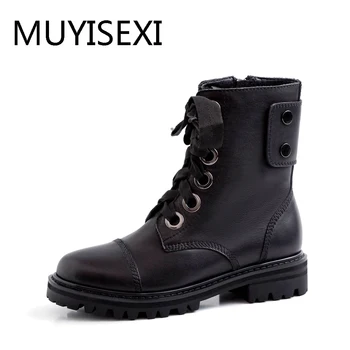 

Motorcycle Boots Platform Genuine Leather Women Brand Ankle Boots Block Shoes Round Toe Vintage Design AF07 MUYISEXI