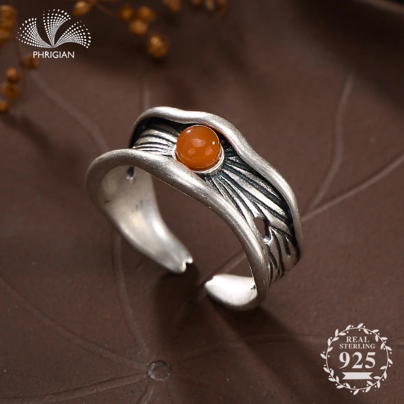 

NOT FAKE S925 Fine Jewelry Ring 925 Sterling Silver Women Handmade Vintage Natural Retro Exquisite Semi Gemstone orange agate