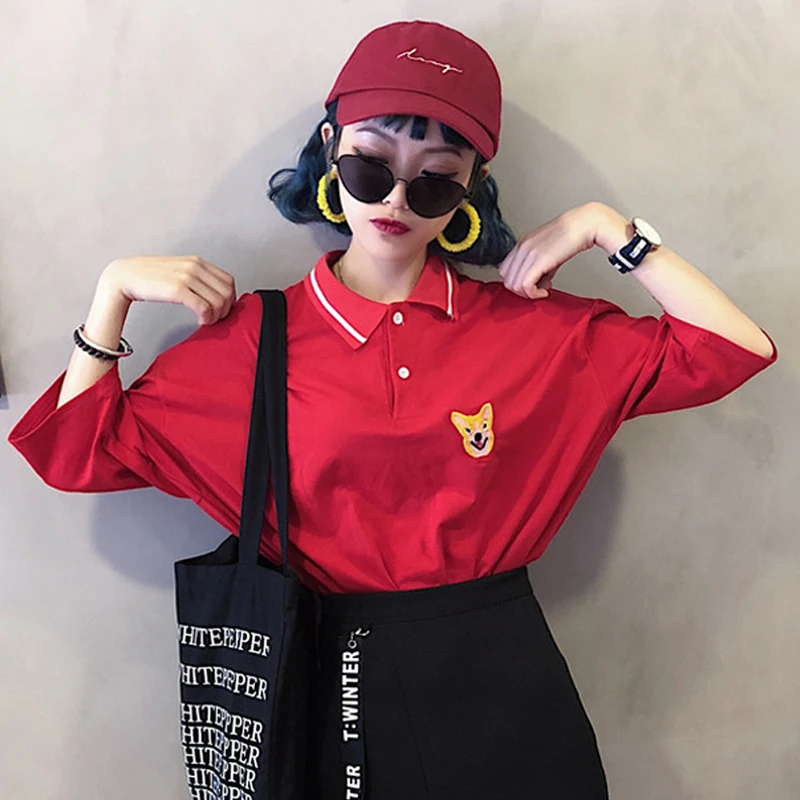 

Ins Hot Selling Summer Women T-shirts 2018 New Korean Tops Embroidery Cute Dog Women T-shirt Loose Short Sleeve Female T-shirt