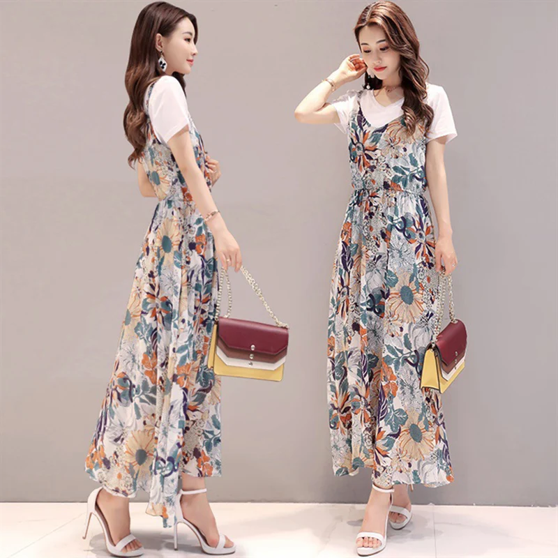 

Floral Dress For Summer Spring Autumn Loose Chiffon Dress Soft Ankle Length Fashion Design Women Dress