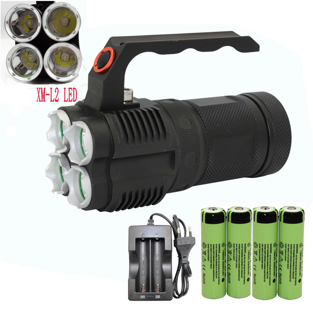 

Tactical Flashlight 4x XM-L2 LED 4800 Lumens 4 Modes Lights Flash Light Aluminum Torch Lamp + 4x 18650 Battery + Charger