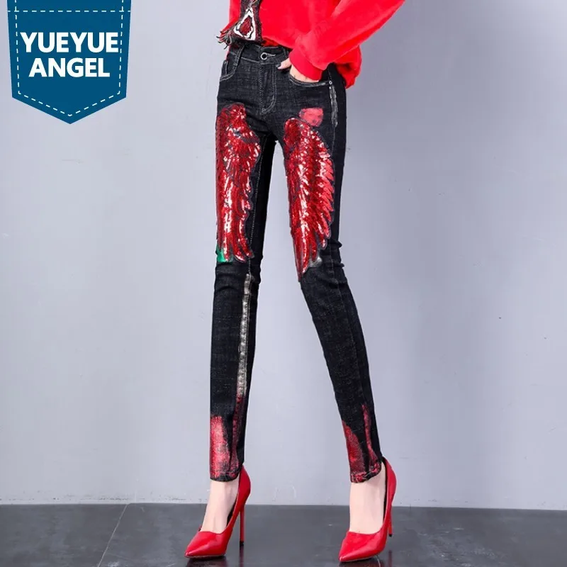 

Autumn Winter Thick Red Wings Sequins Womens Denim Pants Korean Fashion Full Length Punk Style Slim Fit Female Pencil Trousers