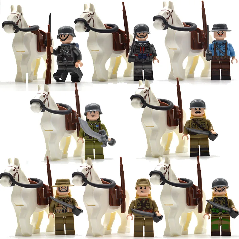  8pcs/set WW2 Cavalry Military Soldiers War Horse with Backpack Sword Rifles Guns Building Bricks Bl
