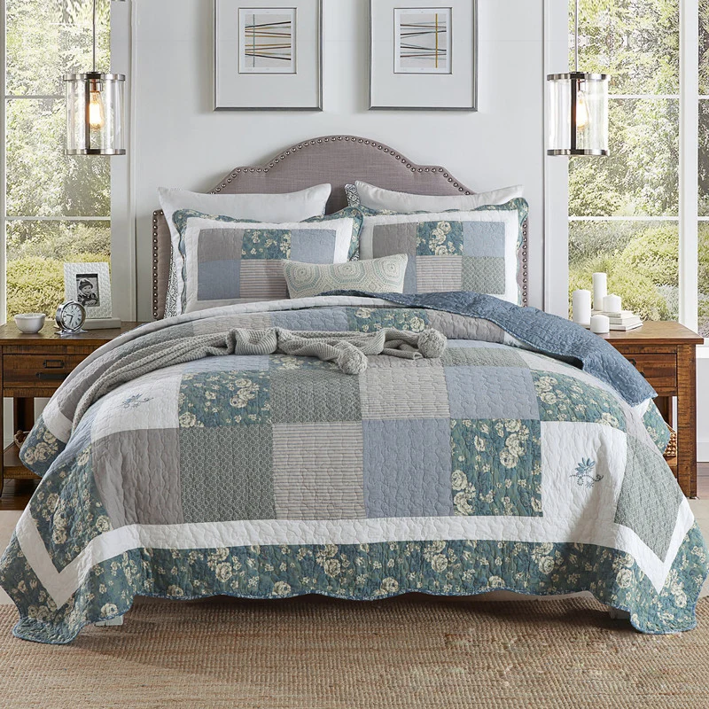 

CHAUSUB Bedspread Quilt Set 3pcs Korea Patchwork Coverlet Quilted Cotton Quilts Bed Cover Pillowcase King Queen Size Blanket