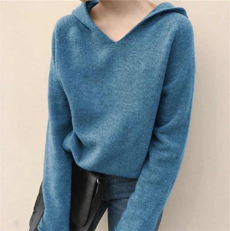 cashmere wool blend knit women hooded crimping pullover sweater coat wide loose large size S-3XL