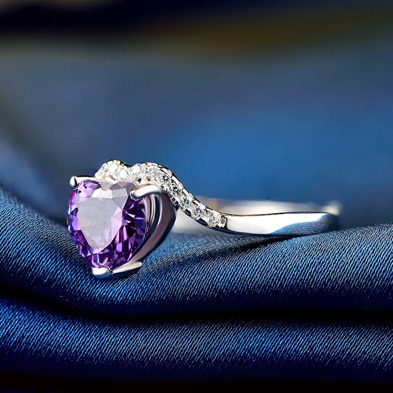 S925 Sterling Silver Ring purple heart shape Cubic Zircon wedding rings Luxury love engagement ring for girls women