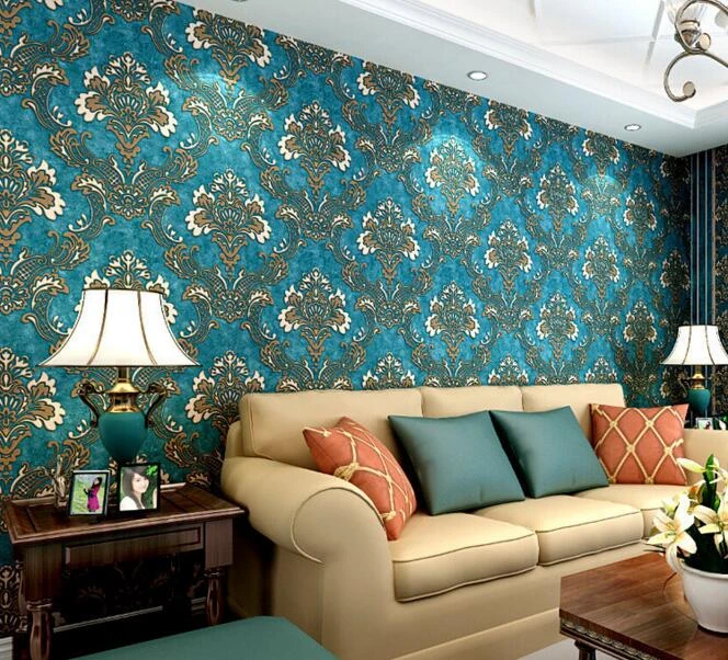 レトロな青いダマスクの壁紙 ヨーロピアンスタイル リビングルームとベッドルーム用 Damask Wallpaper Wallpapers For Living Roomstyle Wallpaper Aliexpress