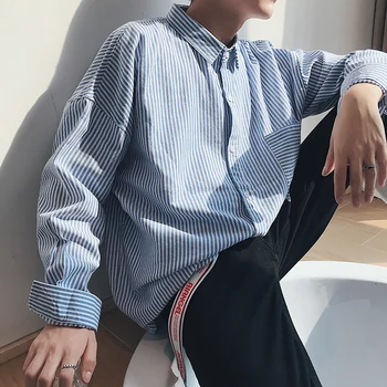 

2018 Autumn New Men's Fashion Personality Simple Youth Solid Color Casual Japanese Loose Large Size Striped Long-sleeved Shirt