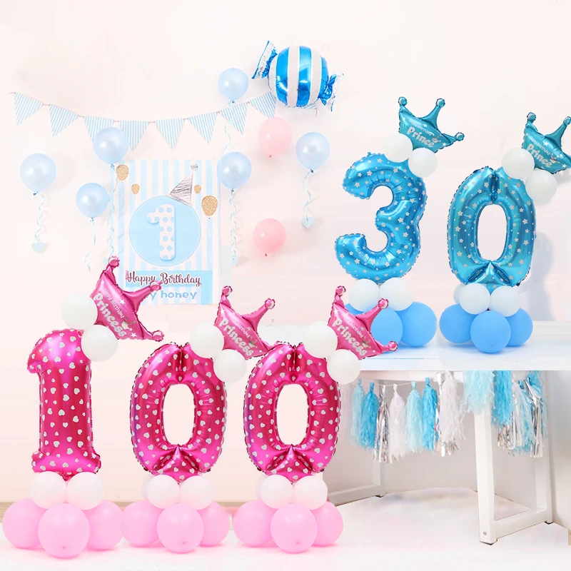 

17pc/set Pink Blue Number Crown Digital Aluminium Foil Helium Balloons Column Baby Happy Birthday Party DecorationsKids DIY Kit