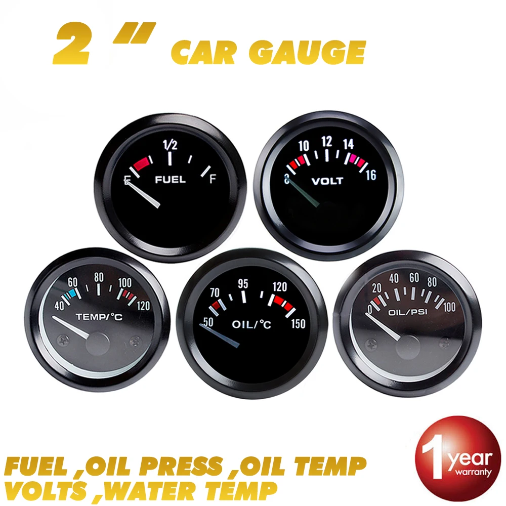 

DRAGON GAUGE WaterTemp 40~120 Celsius Oil Press 0~100PSI OilTemp50~150 Celsius 0~100 PSI VOLT FUEL 2"52mm Car Gauge Black Bezel