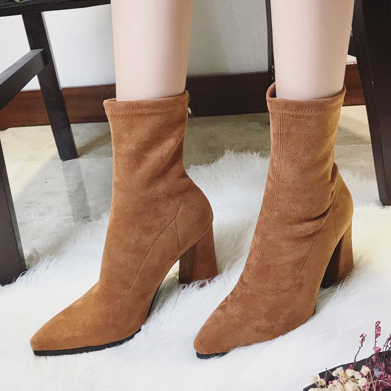 

Teahoo Faux Suede Women Sock Boots Thick High Heels Ankle Boots for Women 2017 Fashion Slim Stretch Shoes Woman