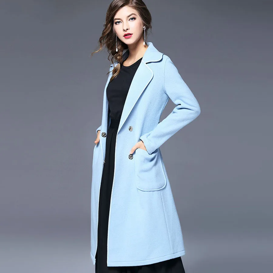 Sky Blue Slim Coat Fashion Long Sleeve 2017 Autumn Winter Belt Turn ...
