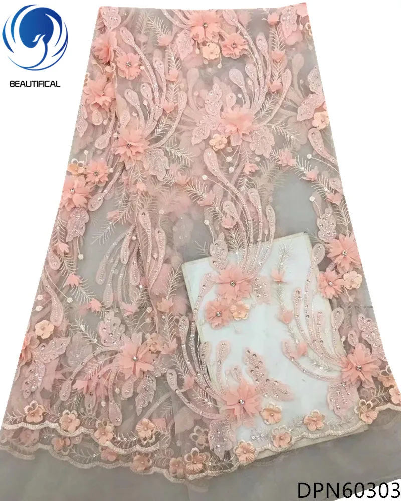 

BEAUTIFICAL Nigerian lace fabric 3d appliques tulle lace fabric with beads and stones Fashion style net lace with sequins DPN603