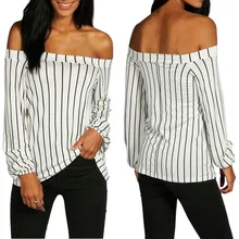 t shirt women Sexy Top Casual long sleeves Striped Slash neck cold shoulder tops vogue femme t-shirt black sexy cold shoulder long sleeves sweater