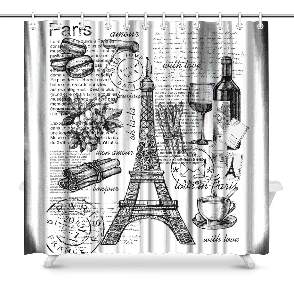 Eiffel Tower, Paris, France Bathroom Decor Shower Curtain Set with Hooksshower curtain set