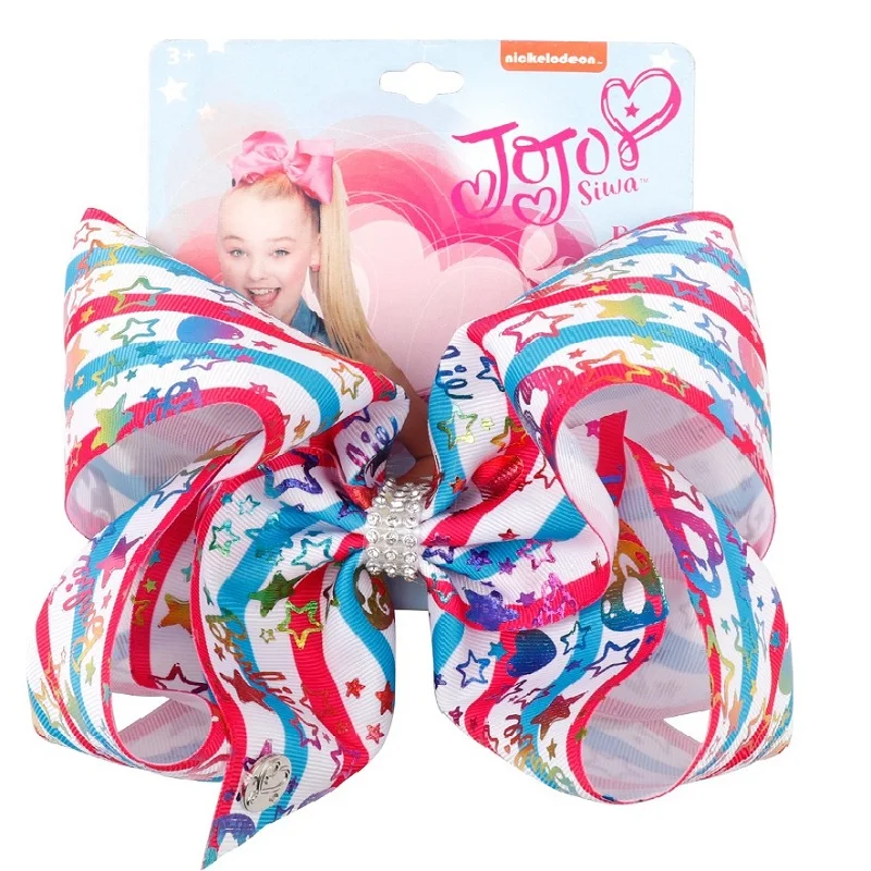 

8" JoJo Bow Stripe Swirl Printed Geometric Hair Clip Grosgrain Hairpin Rhinestone Cute Hair Accessories for Girls Headband