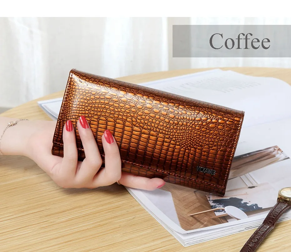 VICKAWEB Wallet Female Genuine Leather Purse Women Vintage Alligator Women Wallets Long Hasp Womens Wallets and Purses Retro-AE150-016