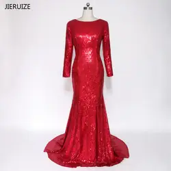 JIERUIZE вечернее платье одежда с длинным рукавом спинки Красный платья для выпускного вечера 2017 нижней части спины Русалка с длинным