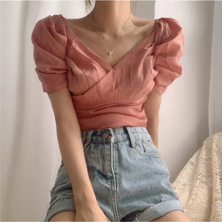 Fashion 2019 Pleated Plaid Sexy Shirt Women Short Puff Sleeve Slim Blouse Cross V-Neck Vintage Casual Mujer Top