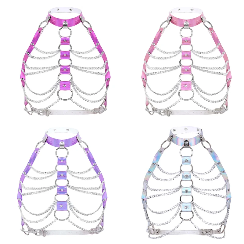 

Women Halter Color Harness Bondage Party Chain Belt Festival Rave Costume Clubwear Holographic Belt Pastel Goth Top
