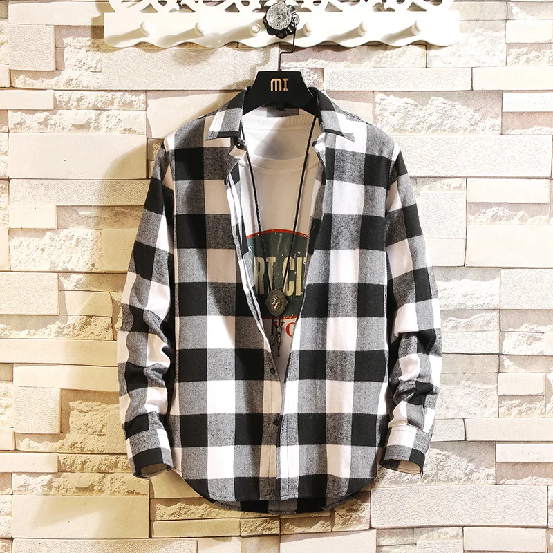 

Spring Checker Shirt Men's Long Sleeve Student Loose Korean Style Handsome Outerwear Couple's Leisure Shirt