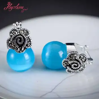 

12mm Round Opalite Cat Eye Stone Beads Marcastie Falower Tibetan Silver Huggie Earrings For Women Party Fashion Jewelry 1 Pair