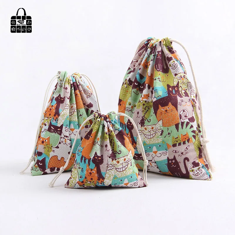 

1pc Color cats pattern 100% cotton dust cloth bag travel clothes Storage bag portable organizer home Sundry kids toy storage bag