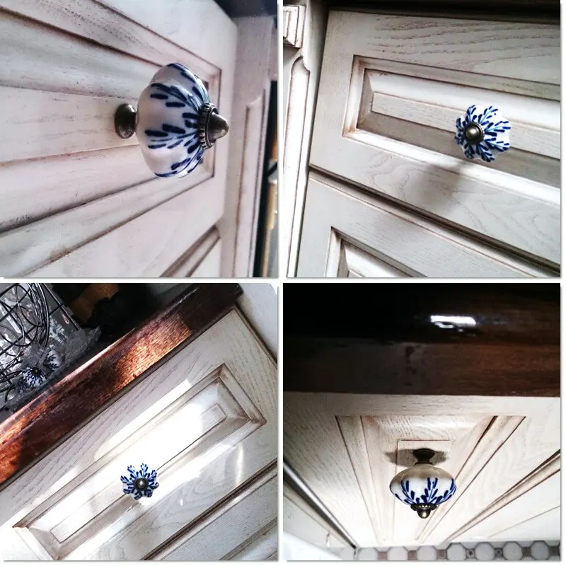 Set of 10 Ceramic Blue and White Ceramic Decorative Antique Door Knobs Interior door Pumpkin Knobs and Pulls for Cabinet Kids