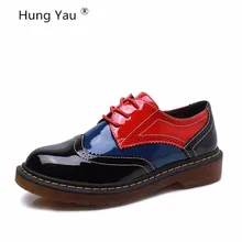 Hung yau женские оксфорды броги туфли на плоской подошве лакированная кожа шнуровка острый носок женская обувь криперы обувь для женщин размер 43
