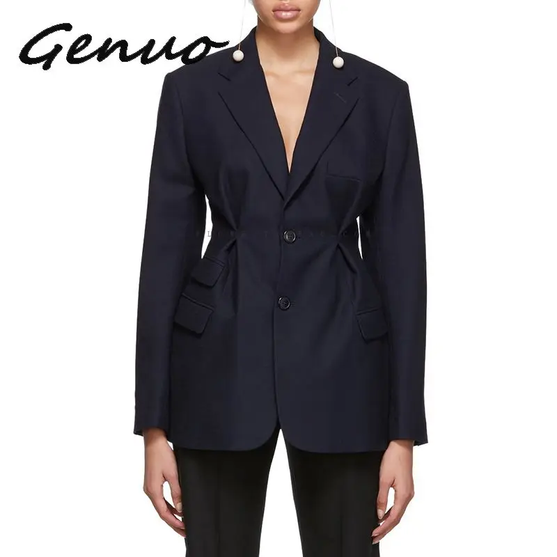 Genuo New 2019 Women Summer Ol Solid Blazer Lapel Collar Long Sleeve Button Tunic Coat Female 2019 Fashion Clothes