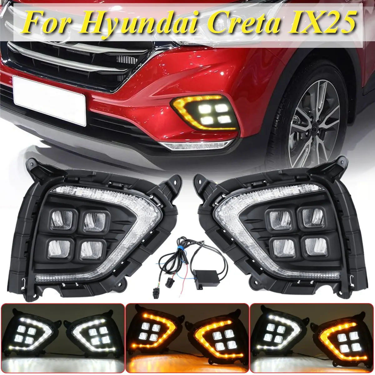

Pair LED DRL Daytime Running Lights Lamps Fog Lamp With Yellow Turn Signal Light For Hyundai Creta IX25 2017-2018
