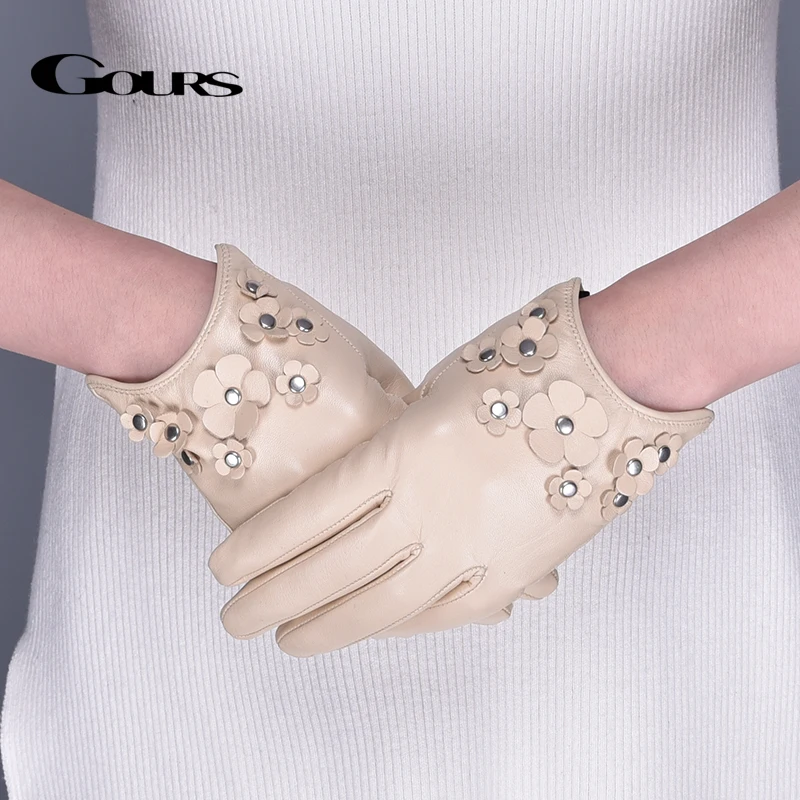

Gours Genuine Leather Gloves for Women Brand Ladies Fashion Beige Gloves with Floral Goatskin Mittens New Arrived GSL056