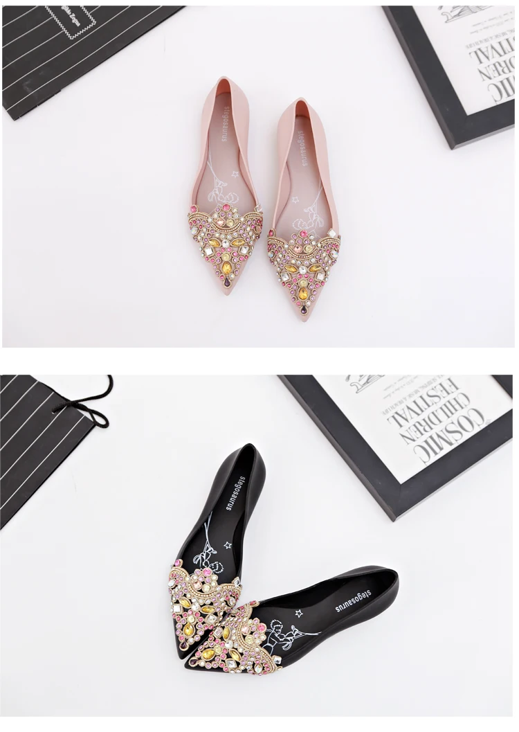 Women's Soft Rhinestones Crystal Pointed Toe Flat Sexy Loafers Sandals Jelly Candy Colors Casual Party Shoes Summer A1090