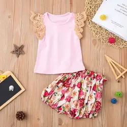 2019 Летняя короткая одежда для девочек, комплект из 2 предметов для новорожденных мальчиков и девочек, одноцветные Топы + штаны с цветочным