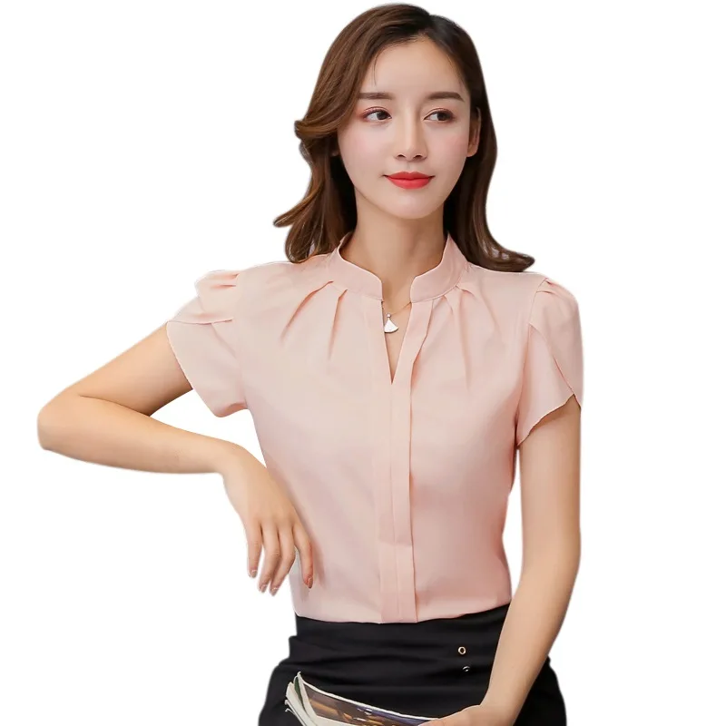 

Women Blouse Solid Shirts Short Sleeves Chiffon Female Fashion Tops Clothes Plus Size