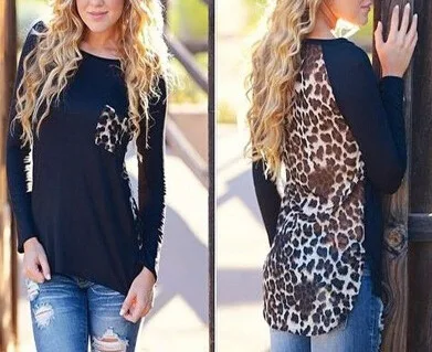 Женская футболка, леопардовые топы, круглый вырез, футболка, пэчворк, длинный рукав, Круглый низ, рубашка, одежда, Vestidos LBD1569 - Цвет: Черный