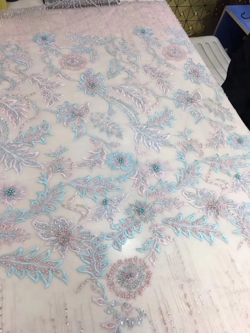 

5yards/lot Luxury SYJ-4182 African French net lace fabric with beads embroidered lace fabric for wedding dress