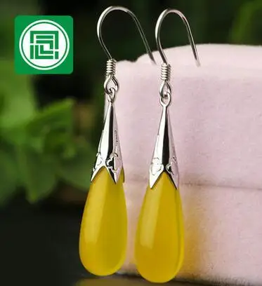 

Selling Jewelry>>Nguyen Jewellery 925 Silver Jadeite Earrings Chicken Oil yellow stone Marrow Ear Drops Earrings Plus Long