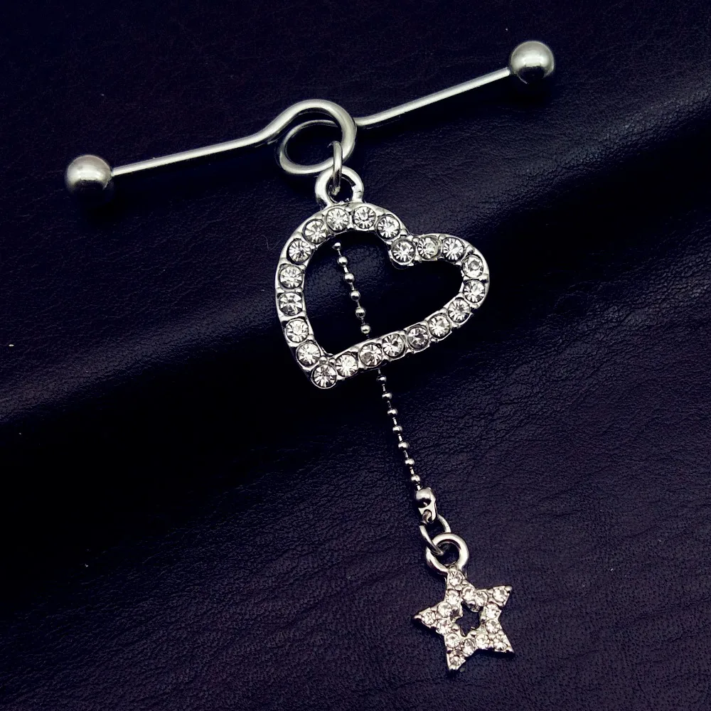 

1pcs New Stainless Steel 14G heart star long Industrial Barbell tragus Cartilage dangle Ear Piercing Jewelry free shipping