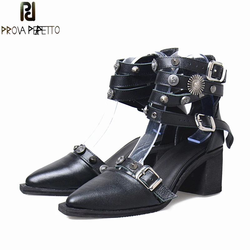 Prova Perfetto Genuine Leather Metal Rivet Fasteners Studded font b Women b font Pumps Belt Buckle