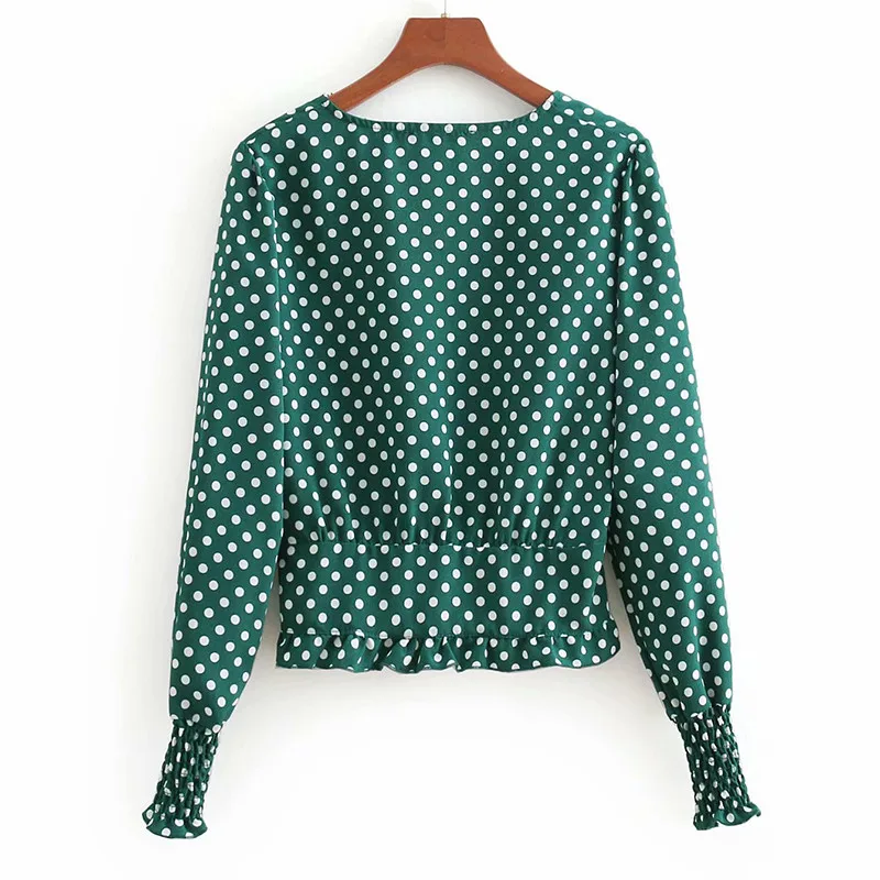 yinlinhe Green Polka Dot Women Blouse Long Sleeve V neck Sexy Crop Summer Tops Button Shirts Elegant Ruffles Clothing 6