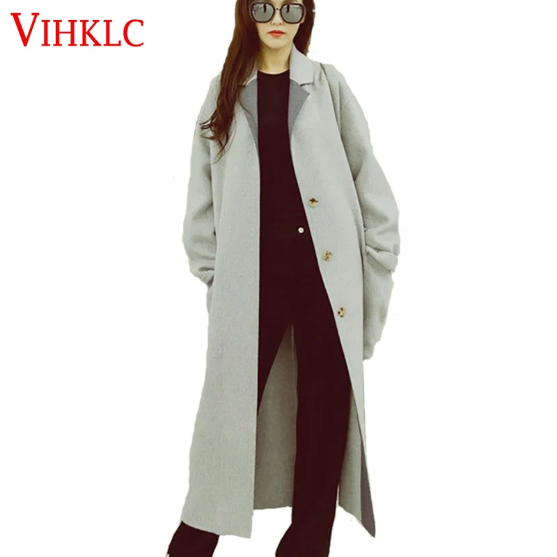 Women's Grey Wool Coats Winter Long coat 2016 New Design Hollywood Warm