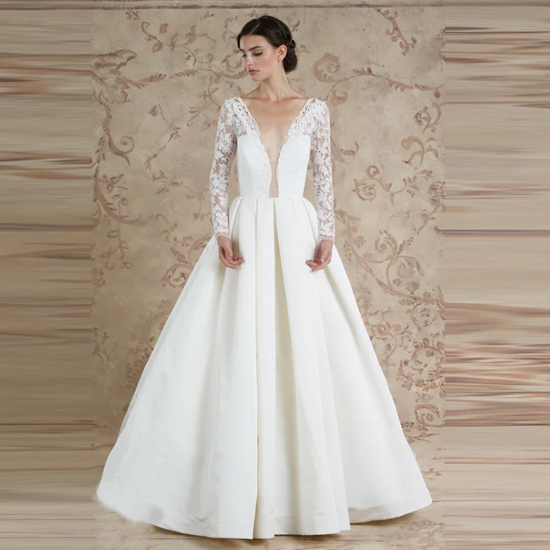 Sexy Design Satin V Neck Low Cut Backless Full Sleeves Custom Made A Line Bridal Wedding Gown 2016 Wholesale Online Dress | Свадьбы и