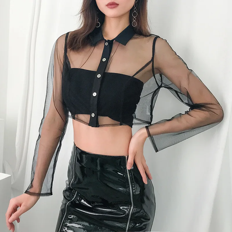 

Women Sexy Black Long Sleeve Cropped Jackets Summer Transparent Mesh Top Streetwear Short Thin Coat Harajuku Patchwork Clothes
