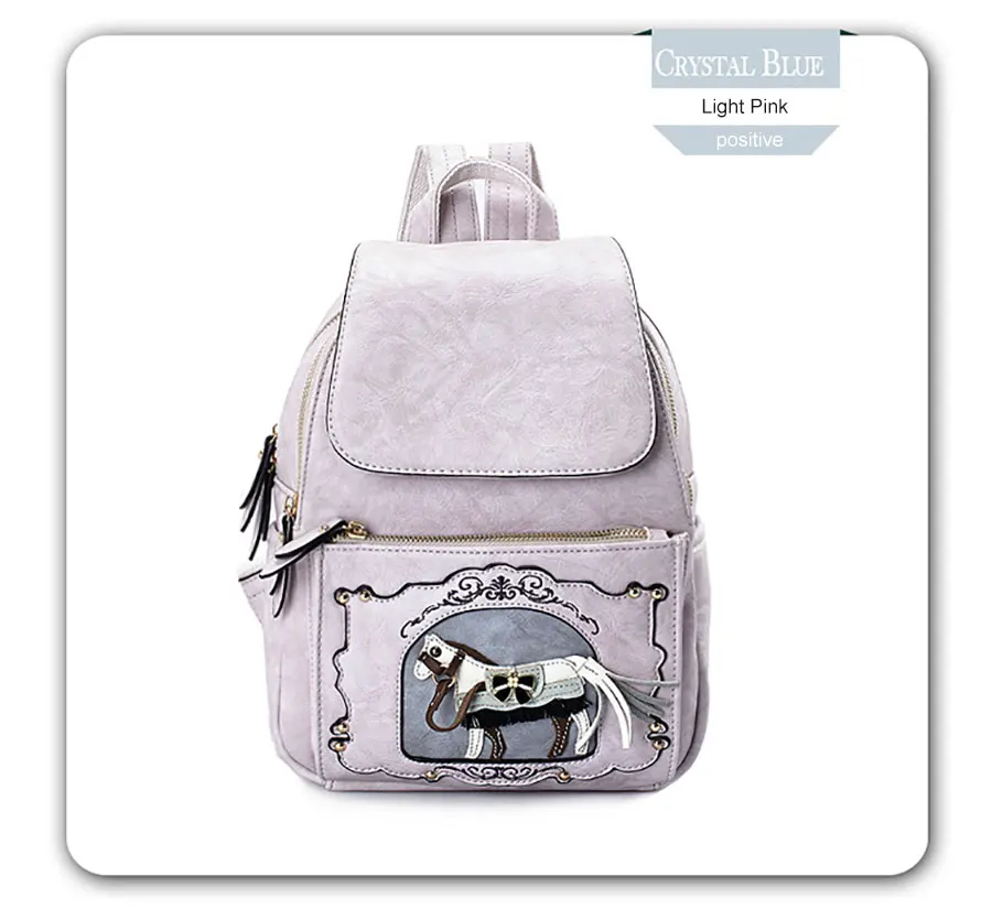 JKBW Women Backpack Fashion PU Leather Female Bags Teenager Girls School Bags Leisure Travel Bag with Cartoon Horse Decoration (9)
