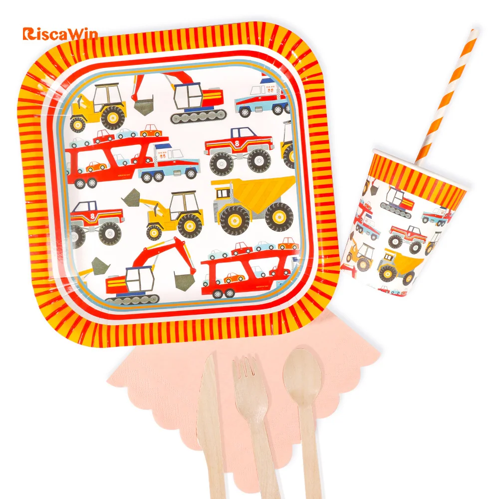 

Riscawin Cartoon Car Paper Plates Set Birthday Party Decoration For 8 Packs Disposable Tableware Set Kids Baby Shower Supplies