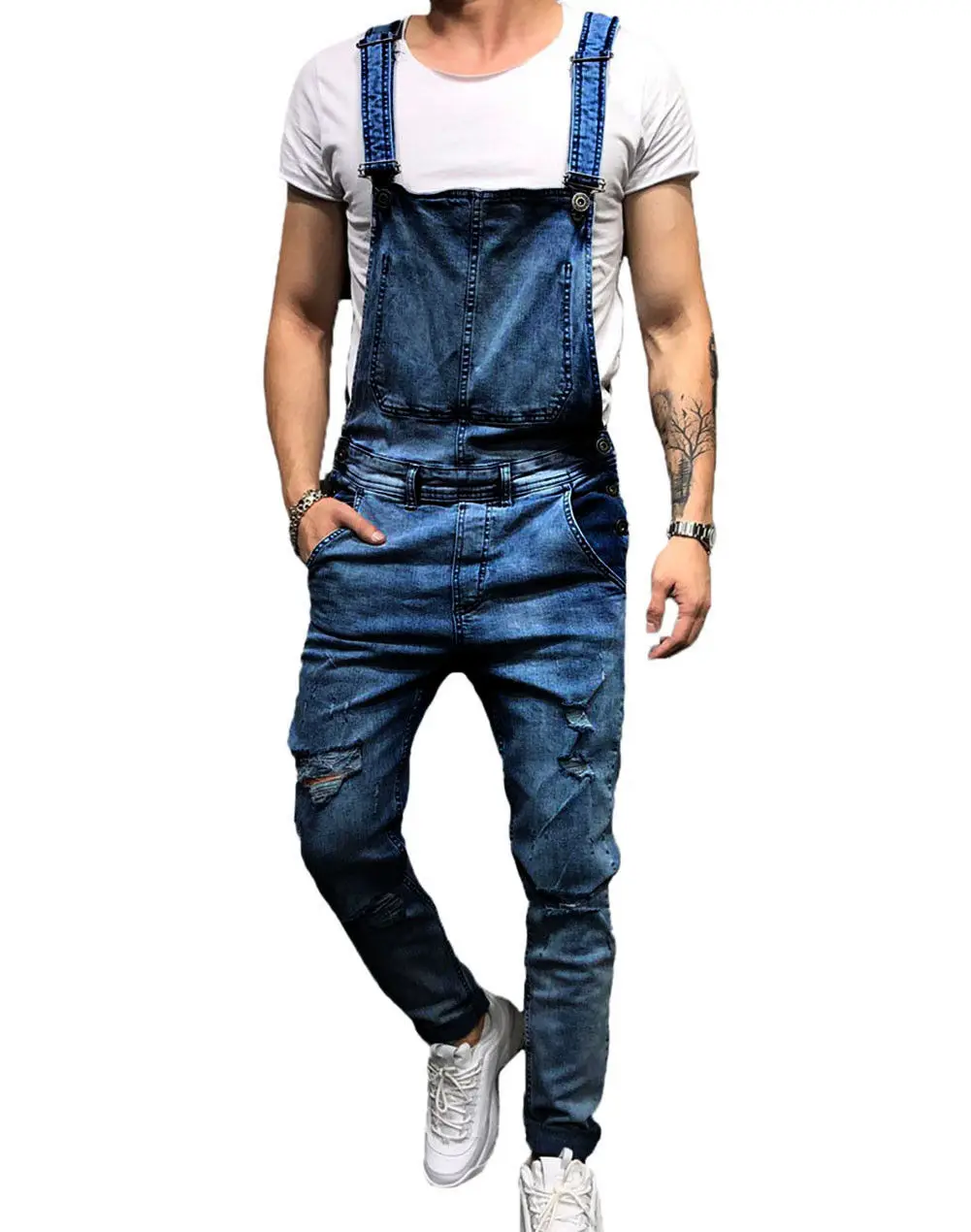 Модные мужские потертые джинсовые комбинезоны длинные брюки комбинезоны повседневные байкерские джинсовые брюки - Цвет: Темно-синий