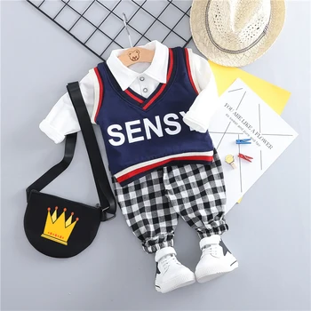 

WENWENDEXINGFU Children Clothing Sets Baby Girls Boys Clothes Suits Vest Lapel T Shirt Plaid Pants Todder Infant Kids Costume